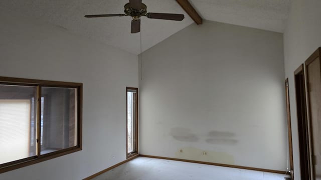 empty room with ceiling fan, a textured ceiling, high vaulted ceiling, beamed ceiling, and baseboards