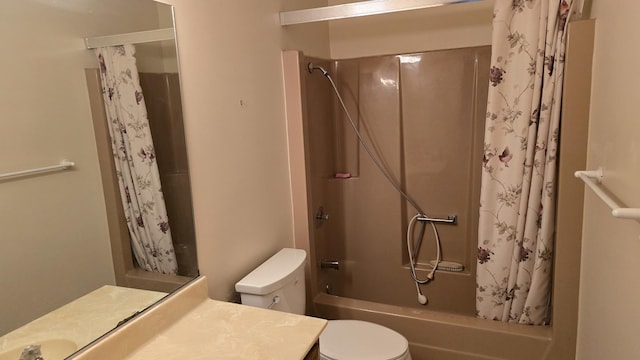 full bath with toilet, shower / tub combo with curtain, and vanity