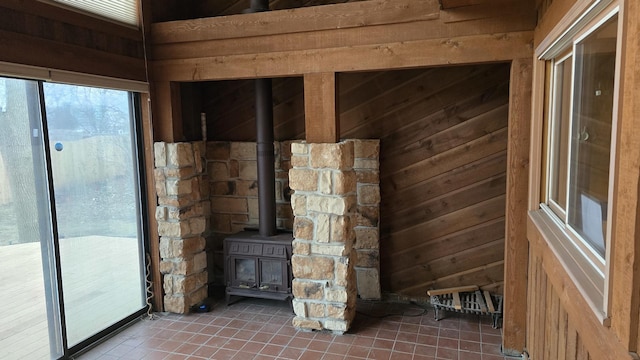 interior space with a wood stove