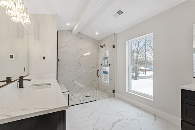 full bath with marble finish floor, a marble finish shower, recessed lighting, vanity, and baseboards