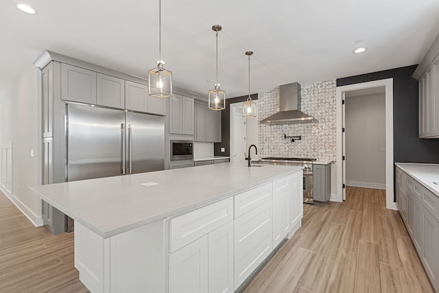 kitchen featuring wall chimney exhaust hood, built in appliances, and gray cabinetry