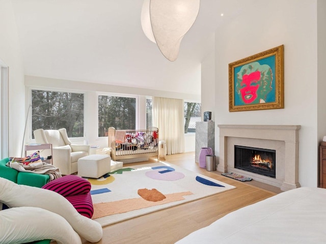 interior space featuring a warm lit fireplace, wood finished floors, and a towering ceiling