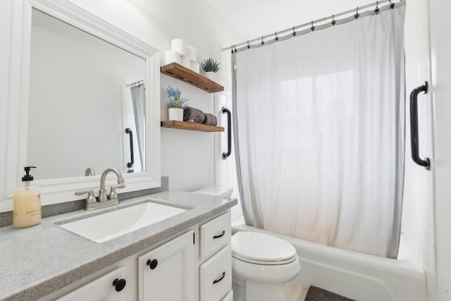full bath featuring toilet, vanity, and shower / bath combination with curtain