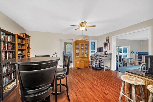 interior space with ceiling fan and wood finished floors