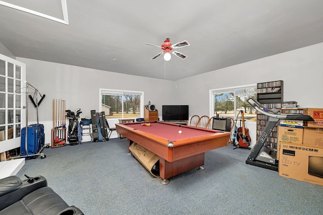 recreation room with ceiling fan, carpet floors, pool table, and visible vents