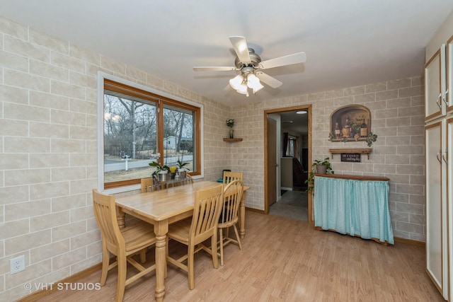 dining space with a ceiling fan, light wood-type flooring, and tile walls