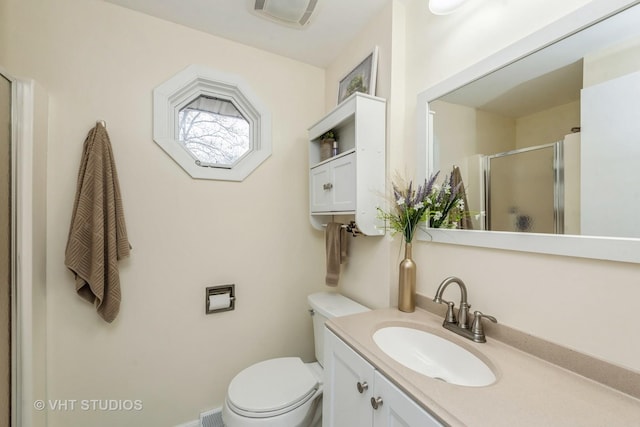 full bath featuring a stall shower, visible vents, vanity, and toilet