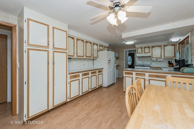 kitchen featuring light wood finished floors, decorative backsplash, a sink, white appliances, and under cabinet range hood