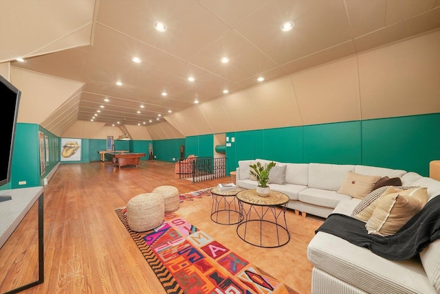 living area with lofted ceiling, billiards, recessed lighting, and wood finished floors