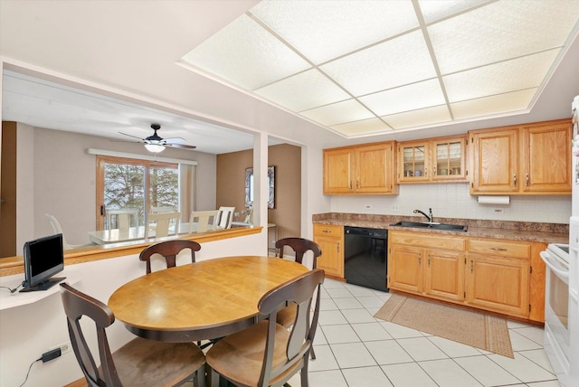 kitchen with a sink, black dishwasher, light countertops, white range with electric stovetop, and glass insert cabinets