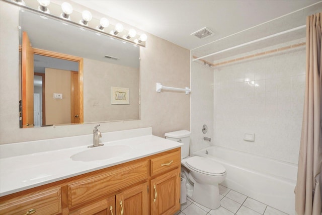 bathroom featuring shower / bath combo, visible vents, toilet, tile patterned flooring, and vanity