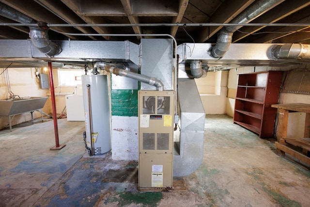 utility room featuring a sink, water heater, electric panel, heating unit, and washer / dryer