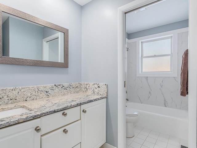 bathroom with toilet,  shower combination, tile patterned flooring, and vanity