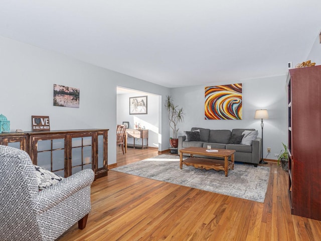 living room with baseboards and wood finished floors