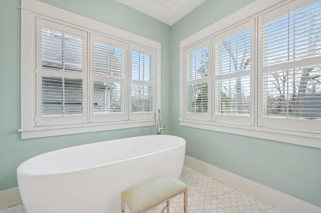 interior space with a freestanding bath and baseboards