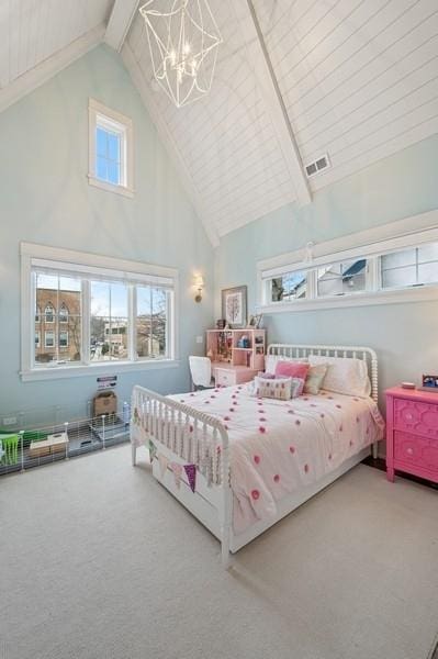 bedroom with visible vents, beam ceiling, carpet flooring, high vaulted ceiling, and a notable chandelier