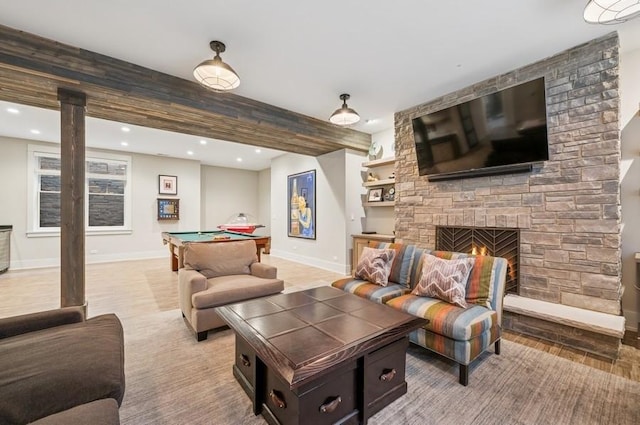 living room with billiards, baseboards, beamed ceiling, a fireplace, and recessed lighting