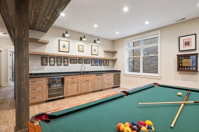 recreation room with light wood-style floors, beverage cooler, visible vents, and billiards