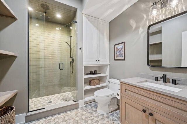 bathroom featuring toilet, a shower stall, and vanity