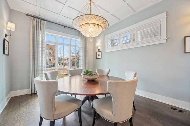 dining space with dark wood-type flooring, coffered ceiling, visible vents, and baseboards