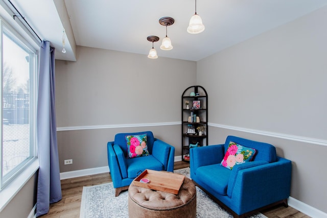 living area featuring plenty of natural light, baseboards, and wood finished floors