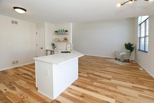 kitchen with light wood-type flooring, visible vents, a sink, and open shelves