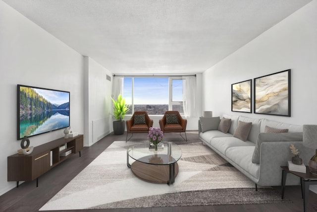 living area featuring dark wood-type flooring, a textured ceiling, and baseboards