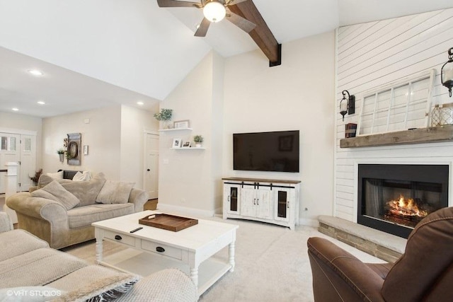 living room featuring recessed lighting, beam ceiling, light colored carpet, and a fireplace