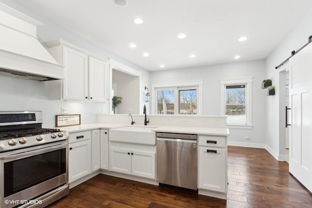 kitchen featuring a barn door, stainless steel appliances, light countertops, premium range hood, and a sink