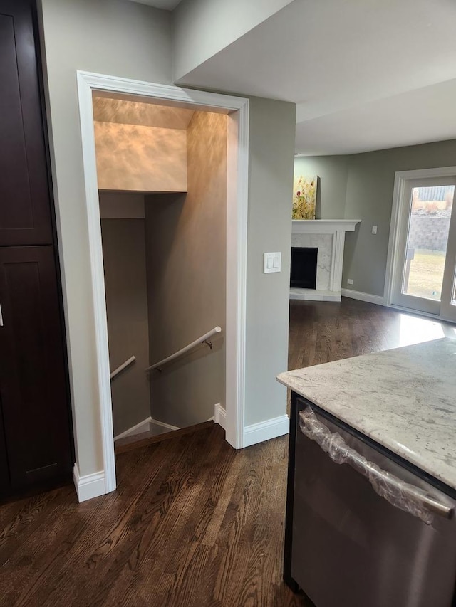 kitchen featuring a high end fireplace, dark wood-style flooring, baseboards, and stainless steel dishwasher