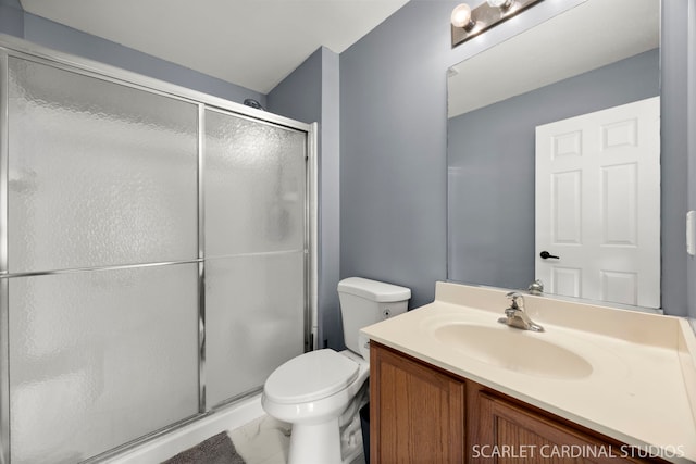 full bath with toilet, marble finish floor, a shower stall, and vanity