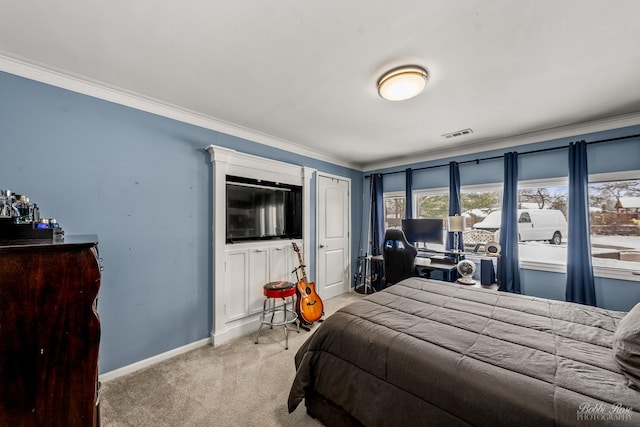 bedroom featuring carpet floors, visible vents, ornamental molding, and baseboards