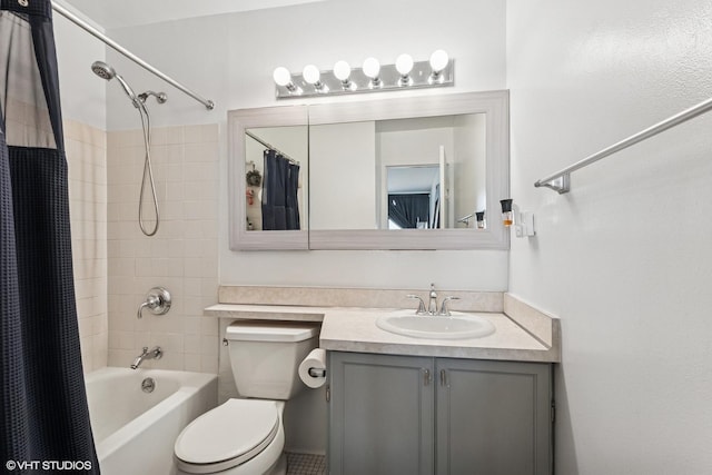 full bathroom with toilet, shower / bathtub combination with curtain, and vanity