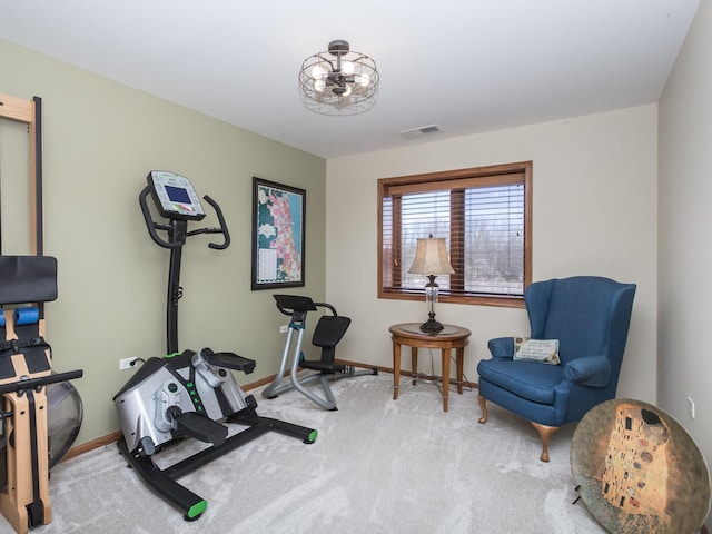 workout area featuring carpet, visible vents, and baseboards