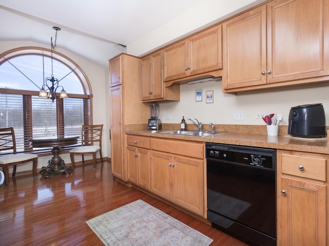 kitchen with pendant lighting, dark wood-style flooring, an inviting chandelier, a sink, and dishwasher