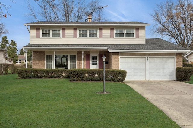 traditional home with a garage, driveway, brick siding, and a front yard