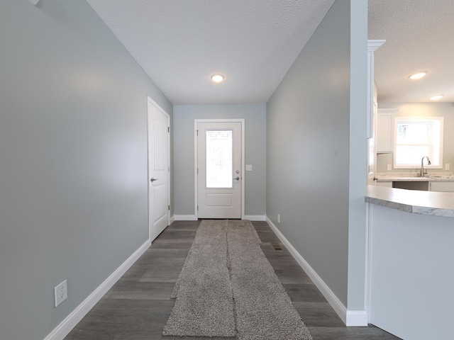 entryway with a textured ceiling, baseboards, dark wood finished floors, and a sink