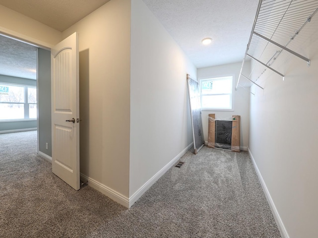 corridor featuring a textured ceiling, carpet, a wealth of natural light, and baseboards