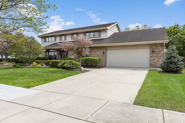 7821 Teton Rd, Orland Park, IL 60462 - view of front of home with an attached garage, brick siding, a front lawn, concrete driveway, and roof with shingles