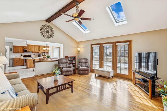 7821 Teton Rd, Orland Park, IL 60462 - living room featuring high vaulted ceiling, a skylight, beamed ceiling, a chandelier, and a ceiling fan