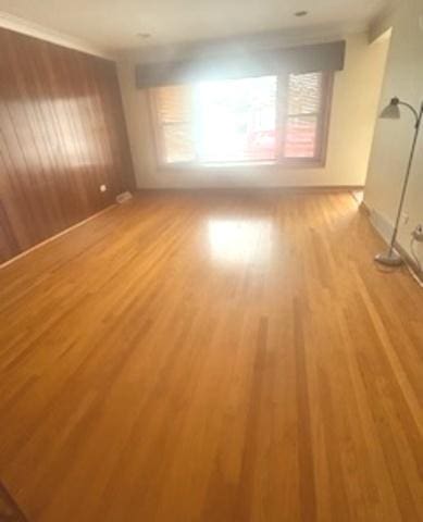 unfurnished living room featuring wood walls and light wood-style flooring