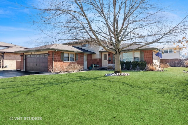 view of front of property featuring brick siding, an attached garage, driveway, and a front lawn