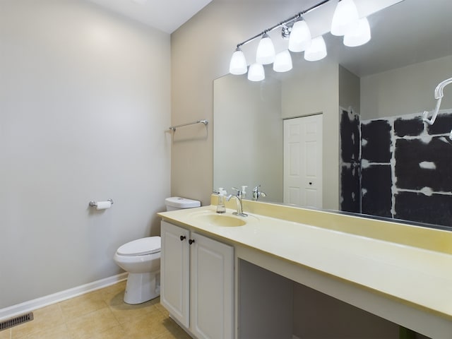 full bathroom with baseboards, visible vents, toilet, tile patterned flooring, and vanity