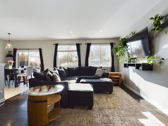 living room featuring baseboards, wood finished floors, and recessed lighting