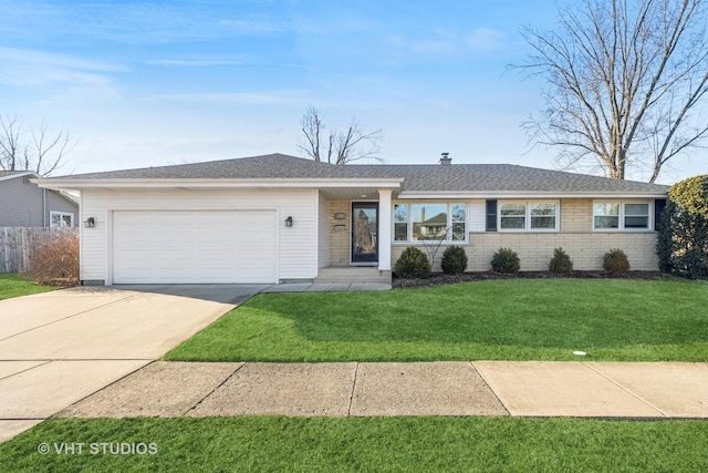 ranch-style house with a front yard, roof with shingles, an attached garage, concrete driveway, and brick siding