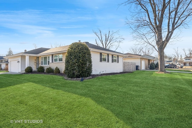 ranch-style house featuring a front yard, an attached garage, and brick siding