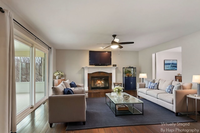 living area featuring a ceiling fan, wood finished floors, and a glass covered fireplace