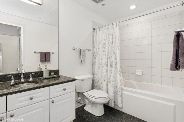 full bath with visible vents, toilet, shower / bathtub combination with curtain, vanity, and recessed lighting