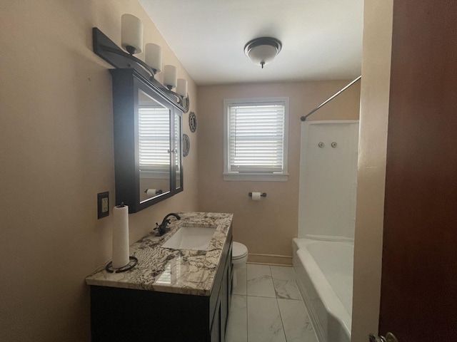 full bathroom with marble finish floor, shower / bathtub combination, toilet, vanity, and baseboards