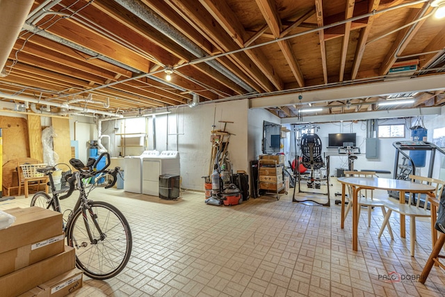 below grade area featuring electric panel and independent washer and dryer